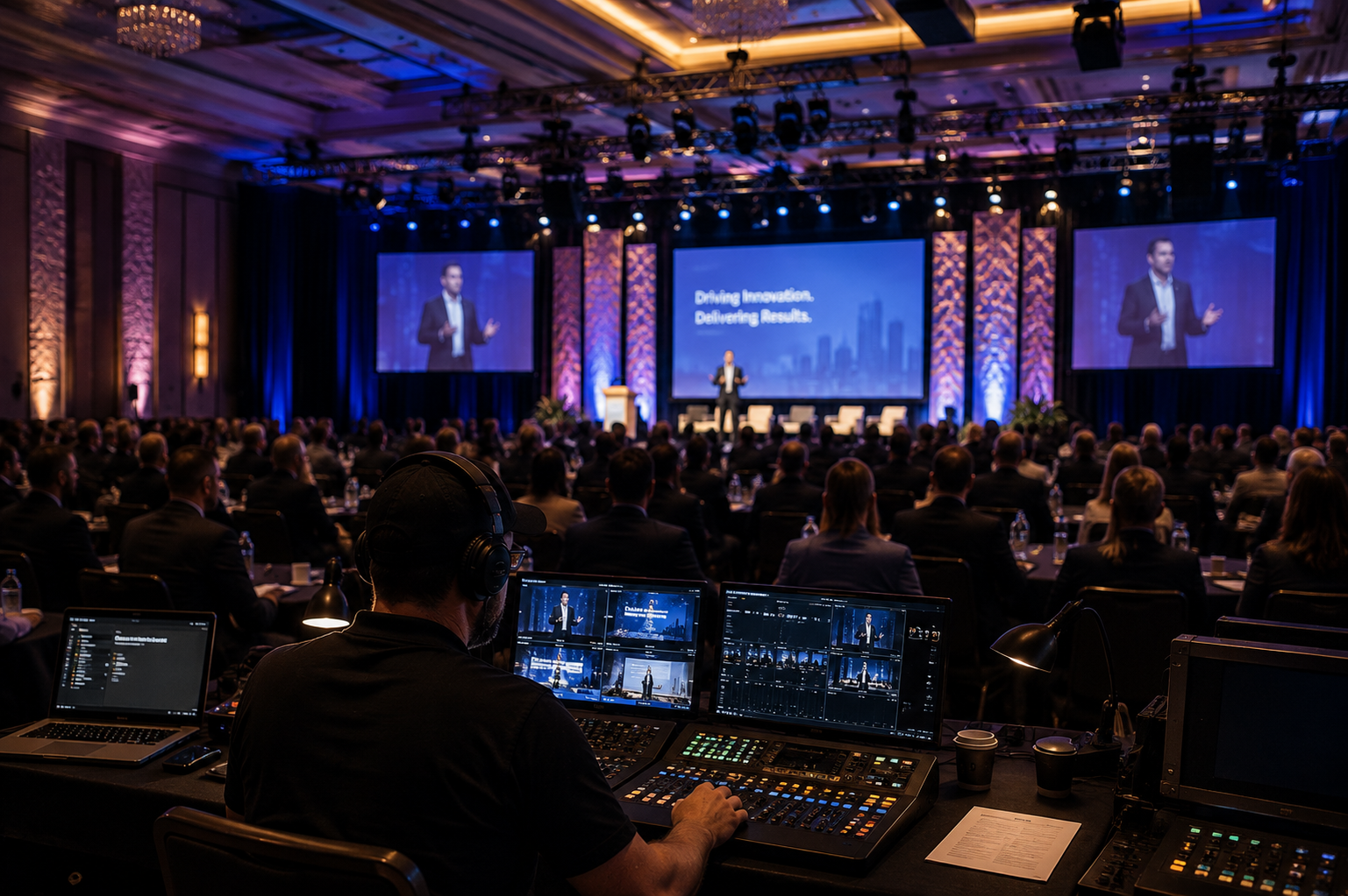 Corporate event production team managing audio and video for a professional conference in Houston