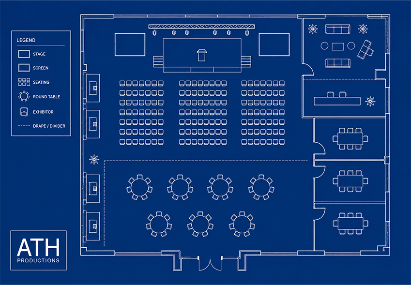 Corporate event production floor plan showing stage, seating, breakout rooms, exhibitor areas, and event layout.