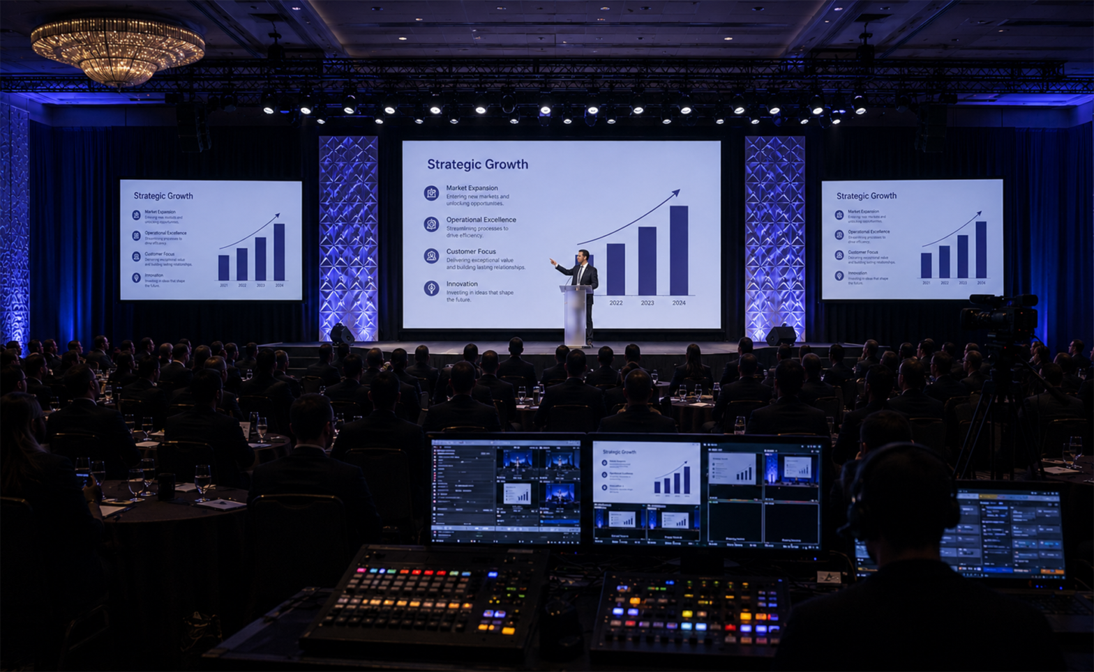 Alt text: Corporate event production with professional AV, presentation screens, lighting and technical production