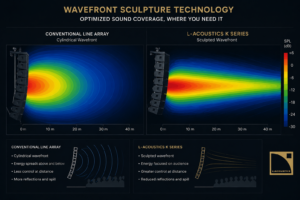 L-Acoustics Wavefront Sculpture Technology sound coverage heat map showing controlled line array dispersion
