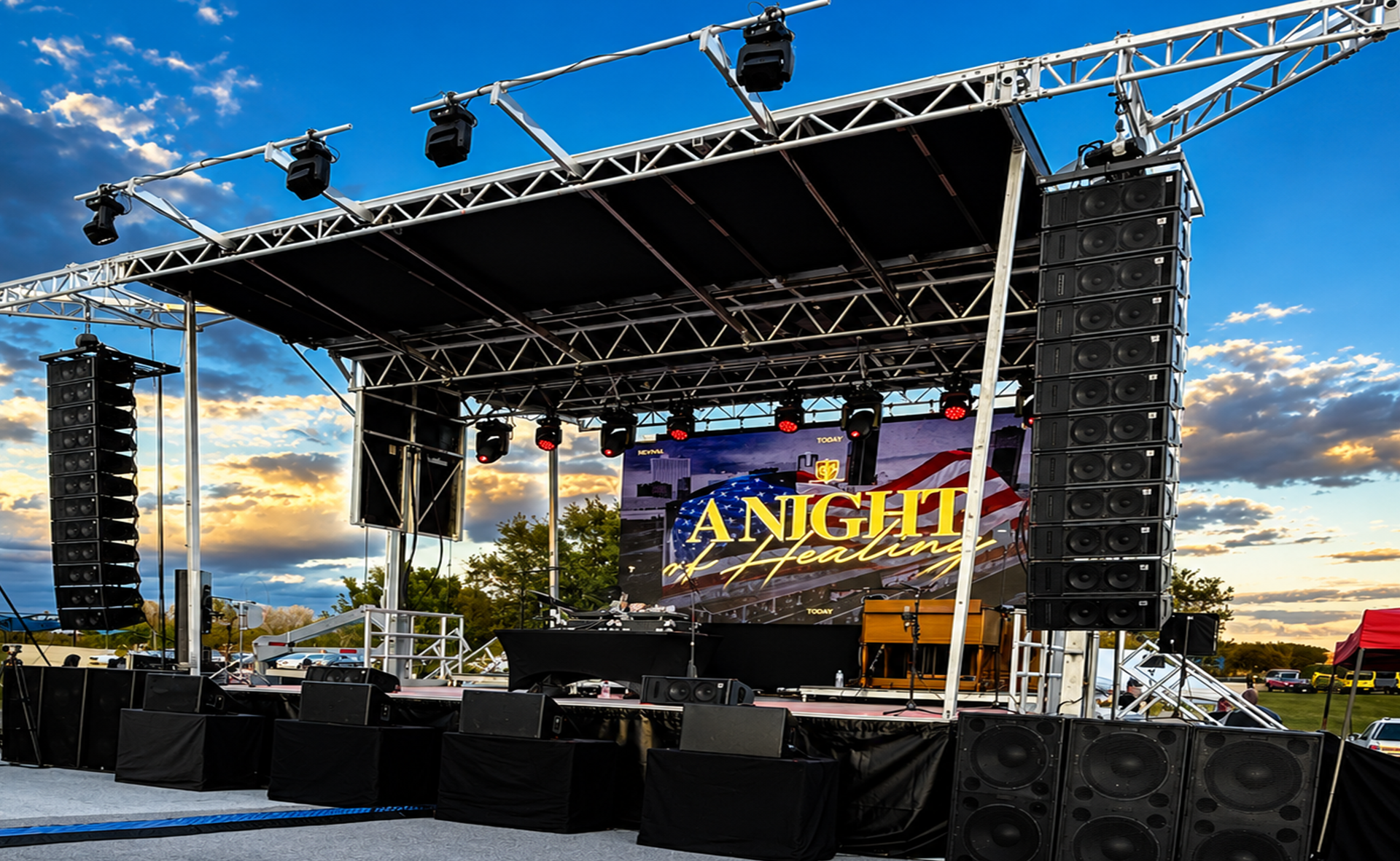 Stageline SL100 mobile stage with professional lighting, audio and LED video by ATH Productions