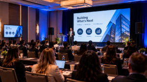 Corporate conference breakout room with presentation screen, professional audio and AV production