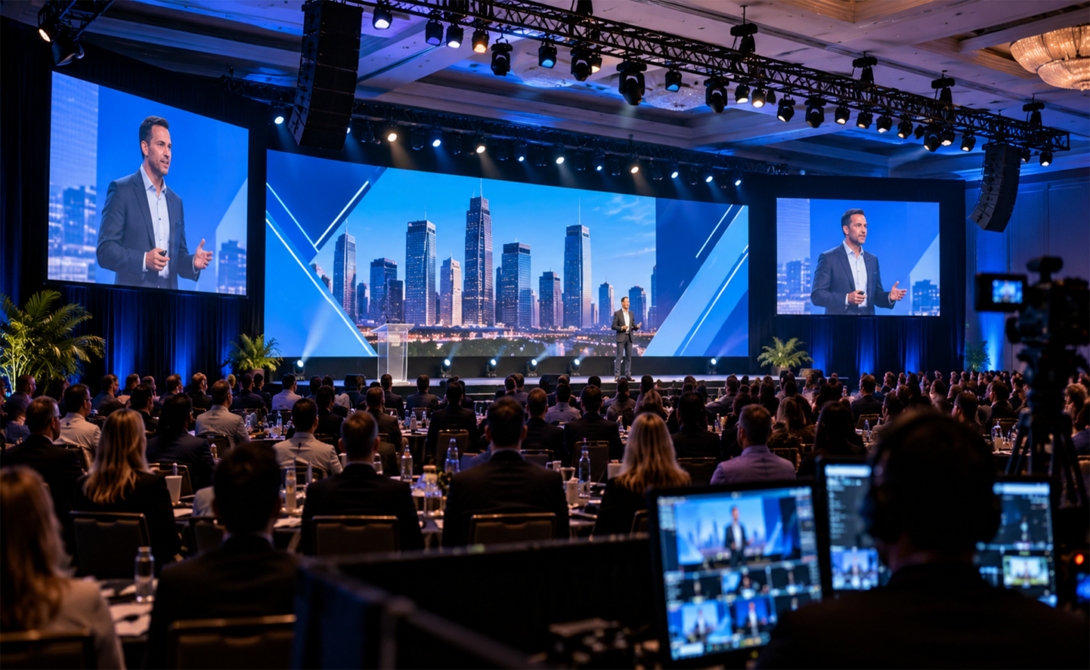 Corporate event AV production with LED video walls, lighting, audio and live cameras