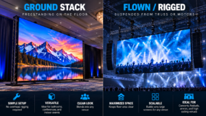 Ground stacked LED wall in a ballroom compared with a flown LED video wall suspended from truss at a large concert venue.