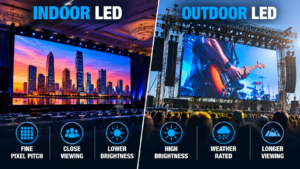 Indoor vs. outdoor LED wall comparison showing differences in pixel pitch, brightness, weather resistance, and viewing distance.