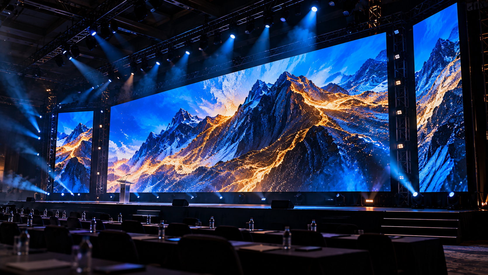 Large LED video wall used for professional event production with stage lighting and multiple LED displays.