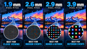 LED wall pixel pitch comparison showing 1.9mm, 2.6mm, 2.9mm, and 3.9mm LED displays and the difference in pixel spacing.