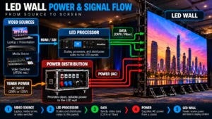 Diagram showing LED wall power and signal flow from video sources through an LED processor and power distribution system to the LED panels.